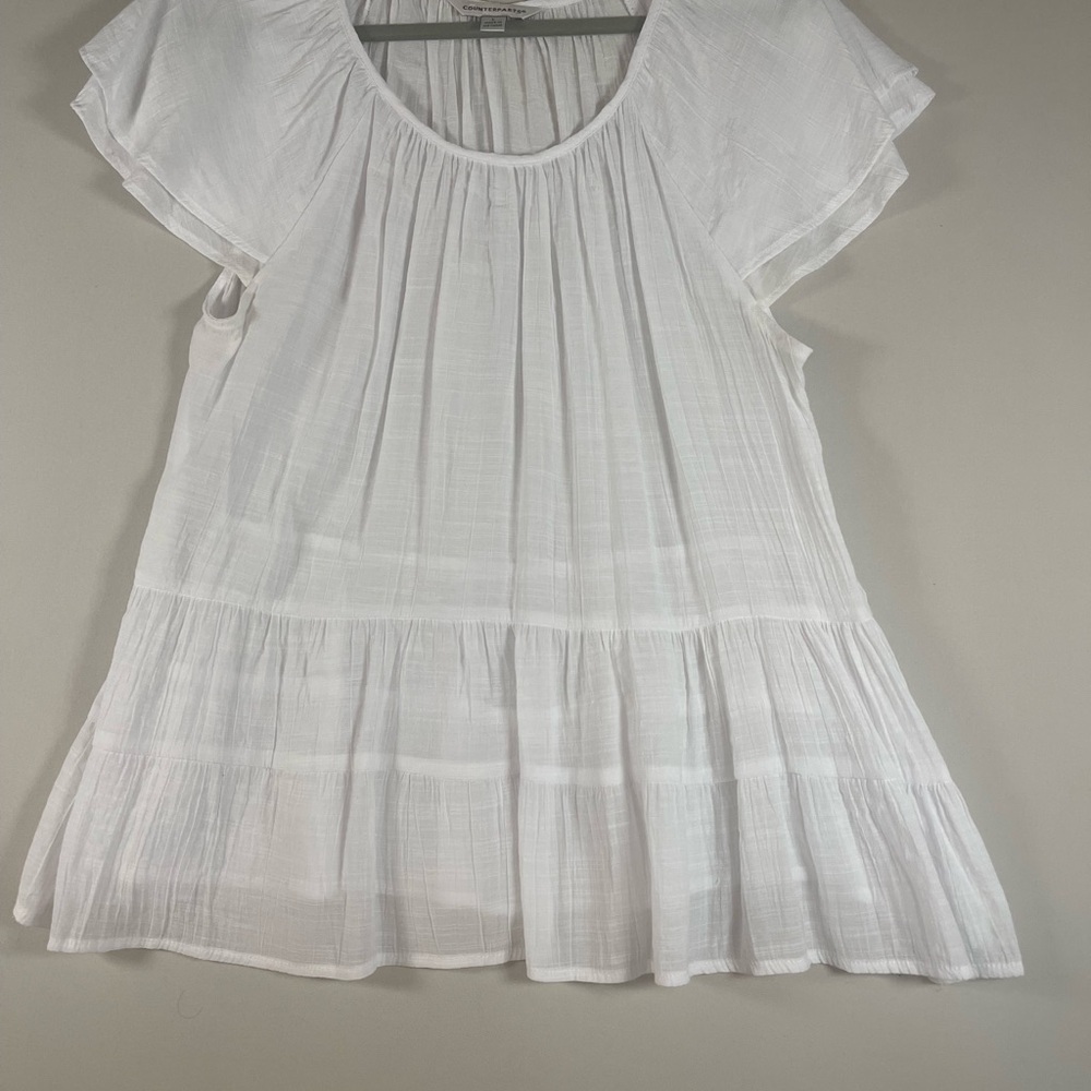 Counterparts White Flutter Sleeve Blouse with Pleated Neckline
